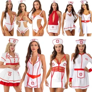 Women Naughty Nurse Cosplay Uniform Crop Top with Skirt Sexy Holloween Costumes - Picture 1 of 99