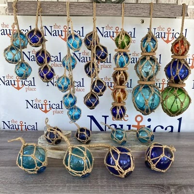 Glass Fishing Floats On Jute Rope - Red, Blue, Aqua, Green - Nautical Wall Decor