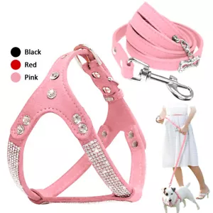 Bling Rhinestone Dog Harness Soft Suede Leather Puppy Cats Harness Neck Strap - Picture 1 of 17