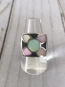 Sterling Silver Dyed Mother Of Pearl Ring Pink Green Yellow Women’s Fashion