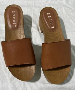 Esprit Sandals Women’s Size 7 Cognac Brown Wooden Faux Leather Slides - Picture 1 of 5