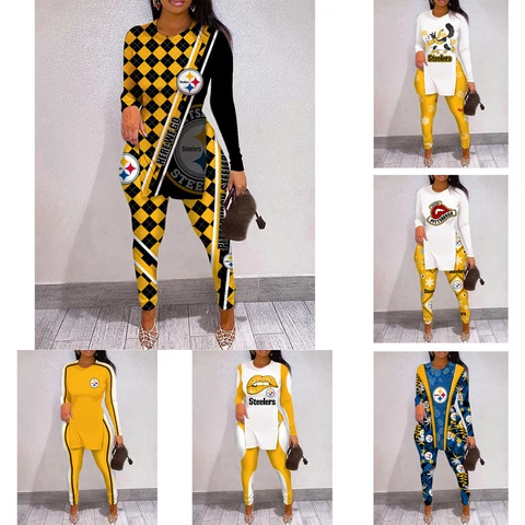 Pittsburgh Steelers Womens 2PCS Outfits High Slit Long Sleeve Shirts Yoga Pants Cover