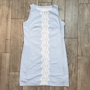 Pappagallo Size 8 Seersucker Lace Front Shift Dress Blue White Stripe Lined Zip - Picture 1 of 10