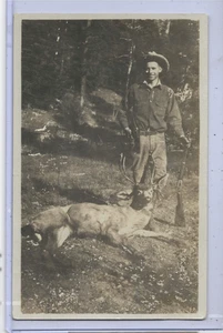 Real Photo Postcard RPPC - Hunting Hunter with Rifle and Deer - Picture 1 of 2