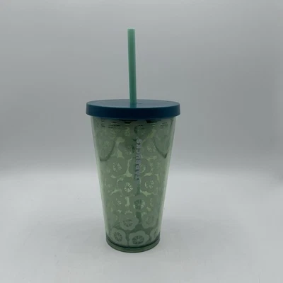 Vaso acrílico Starbucks Grande verde flor floral verde paja taza fría 16 OZ Foto 1 de 4