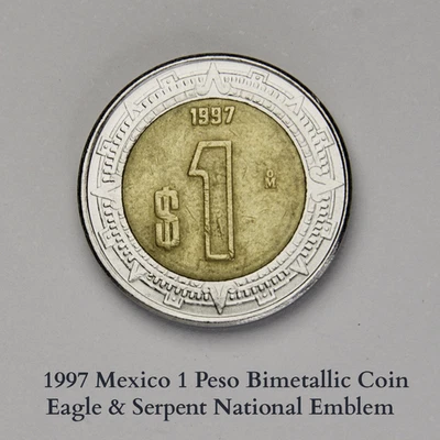 Moneda Bimetálica México 1997 1 Peso • Emblema Nacional Águila y Serpiente #206 Foto 1 de 2