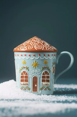 Anthropologie Mug GINGERBREAD HOUSE Lid Textured Holiday Handpainted 13.5oz NWT - Изображение 1 из 3