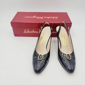 Womens Vintage Salvatore Ferragamo Black Classic Slingback Heel Pumps 7 