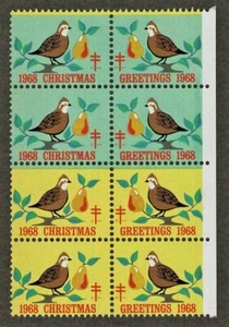 1968 WX233 Partridge & Pear Tree Block of 8 Christmas Seals/Stamps MNH - Picture 1 of 2
