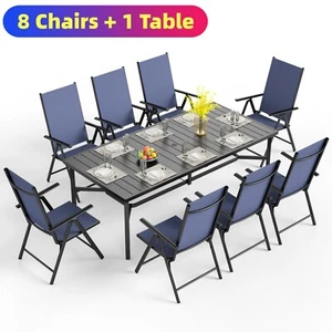 Patio Table Chairs Set 9 Piece Outdoor Dining Furniture Set Folding Chairs Blue - Picture 1 of 12