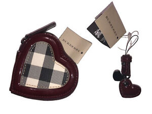 Burberry Heart Coin Case Mini Lanyard Charm Nova Check  Patent Leather Berry Red