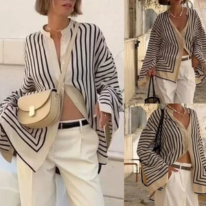 Striped Blouse for Women Elegant Loose Fit Casual Shirt for Summer Days - Picture 1 of 53