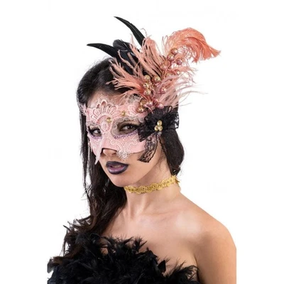Maschera In Pizzo Rosa Con Piume - Immagine 1 di 3