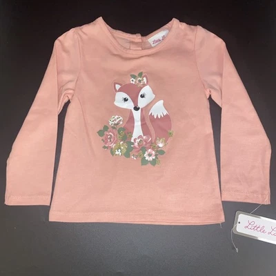 Little Lass T-Shirt Fox Screen Print Toddler Girls 2T Pink Long-Sleeve Buttons - Image 1 of 4