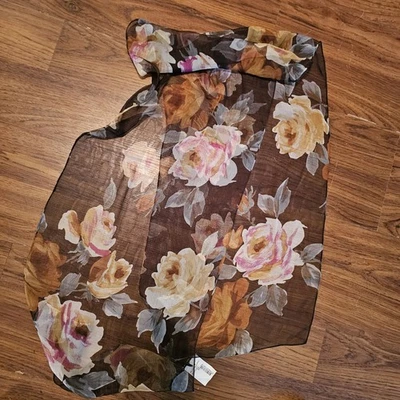 Cachecol feminino Cejon marrom transparente estampa floral retangular novo com etiquetas 12x62 boho Itália - Imagem 1 de 4