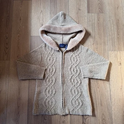 Vintage Crazy Horse Cable Knit Tan Womens Small Sweater Zip Up Fur Hooded Y2K - Image 1 of 4