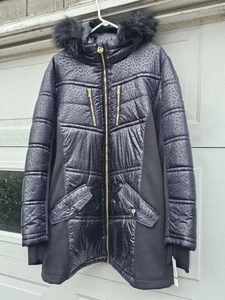 Michael Kors Hooded Quilted Mixed Faux Fur Trim Jacket Coat Plus 3XL Black Gold - Picture 1 of 17