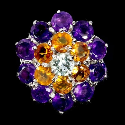 Anillo de plata de ley 925 redondo aguamarina amatista citrino piedras preciosas talla 8 Foto 1 de 4