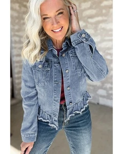 Azura Exchange Beau Blue Ruffle Raw Hem Flap Pockets Denim Jacket Women - Imagen 1 de 12