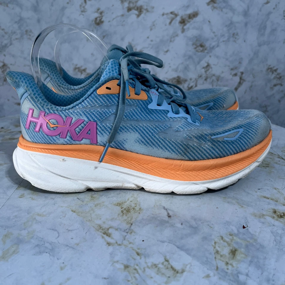 Hoka One One Clifton 9 Womens Sz 8.5 Running Shoes Blue Orange Athletic Sneakers - Image 1 of 4
