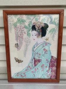 Japanese Asian Oriental Needlepoint Tapestry Kyoto Geisha Girl In Kimono Framed - Picture 1 of 10