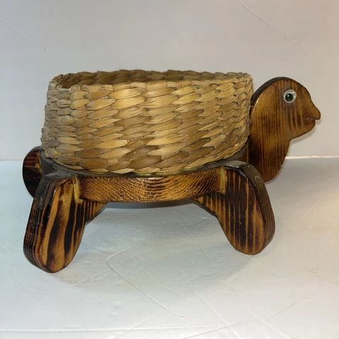 VTG MCM Wooden Turtle Woven Basket Plant Stand Trinket Keys Wood Folk Art Tray Cover