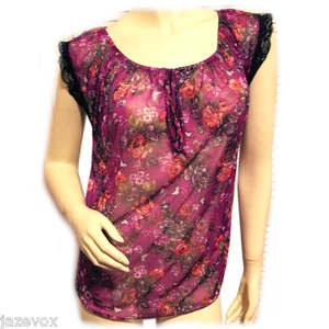 Vintage Y2K 90s Self Esteem Sheer Top S Floral Lace Trim Purple Boho Femme Fairy - Bild 1 von 10