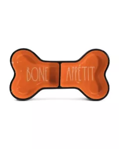 Rae Dunn "Bone Appetit " 2 Sided Pet Dish Orange and Black Brand New - Picture 1 of 2