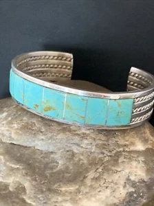 Brazalete con incrustación de puño azul turquesa #8 nativo para hombre plata esterlina 14138 - Imagen 1 de 12