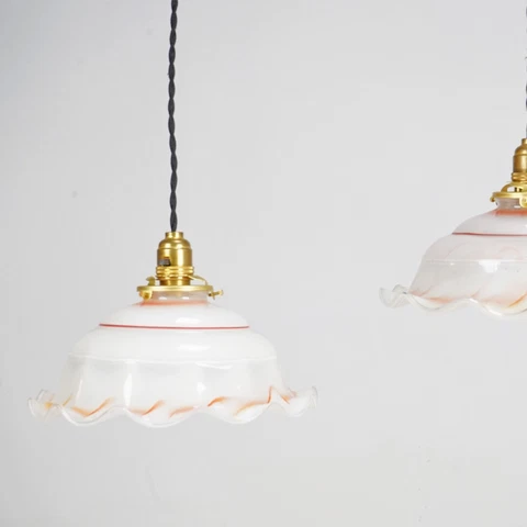 Pair Of Vintage French Red And White Glass Pendant Light Cover