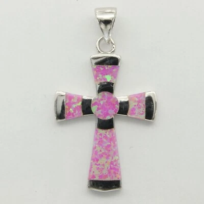 Pink Cross FIRE OPAL Pendant - 925 STERLING SILVER - Rhodium #7e - Image 1 of 3