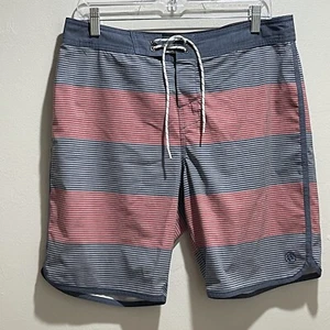 HANG TEN Men’s Board Shorts Blue Red Stripe Drawstring Hook & Loop Closure 32 - Picture 1 of 7