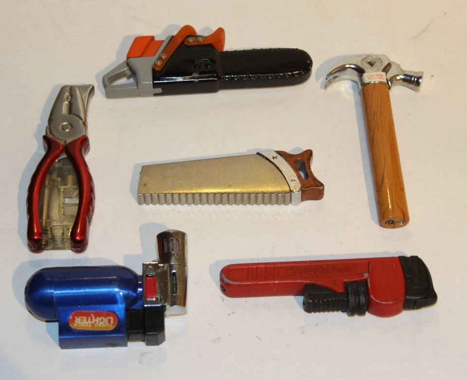 6 Novelty Lighters , Butane. tools, Chainsaw, hammer, saw, pliers - Image 1 of 1