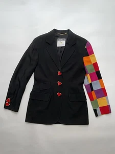 Vintage Moschino Couture 90's Heart Button Rainbow Patchwork Sleeve Blazer 40 - Picture 1 of 17