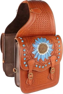 Beautiful Genuine Leather Western Trail Tooling Carving Horse Saddle Bag. - Picture 1 of 3