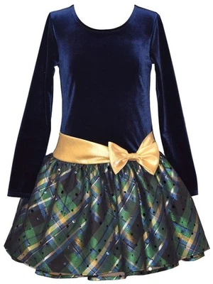 NEW Bonnie Jean Girls Size 10 "NAVY GREEN GOLD BOW" Christmas Hipster Dress NWT - Image 1 of 4