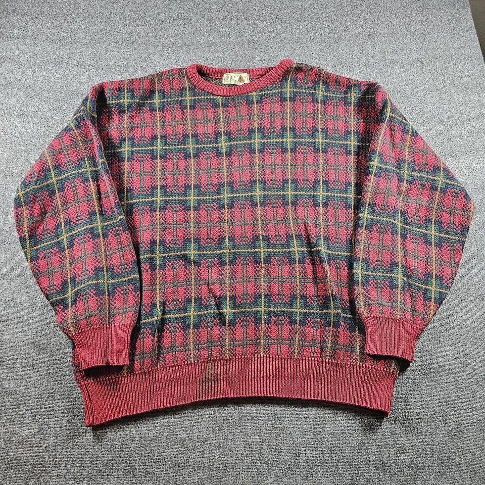 Vintage LL Bean Sweater Mens XL Red Green Wool Plaid Crewneck Knit USA 90s - Image 1 of 4