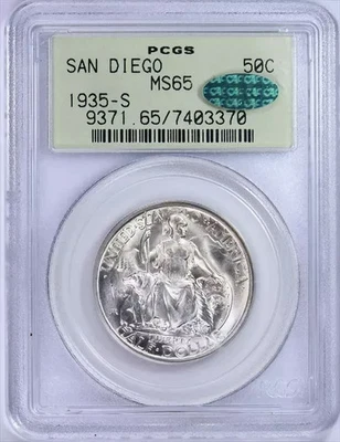 1935 S San Diego Silver Half Dollar PCGS GREEN HOLDER OGH / CAC MS65  STUNNING! - Image 1 of 3