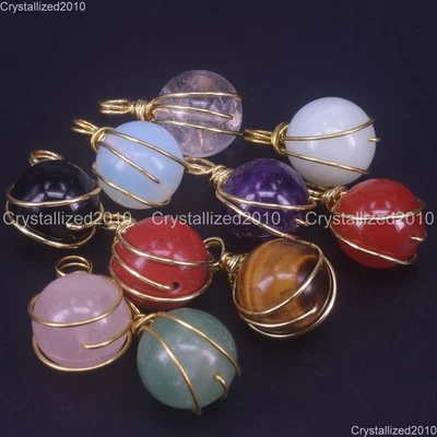 Natural Gemstone Hand Wrap Round Ball Chakra Healing Pendant Beads Gold 16mm - Image 1 of 4