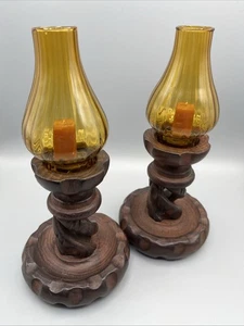 Vintage handgeschnitzte Holz Spindelfuß Braunglas Kerze 2er Set Made in Spain - Bild 1 von 10