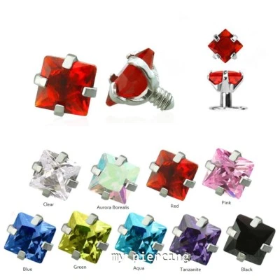 14G Square CZ Prong Set 316L Surgical Steel Dermal Anchor Top Part 3mm 4mm CZ - Image 1 of 2