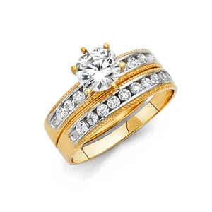 Womens 14k 2 Tone Gold Solitaire CZ Wedding Bridal Set Engagement Ring Band - Picture 1 of 1