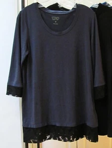 LOGO Lori Goldstein Instantáneo Elegante Manga 3/4 Azul Tejido Túnica Top Encaje Borde MEDIANO - Imagen 1 de 10