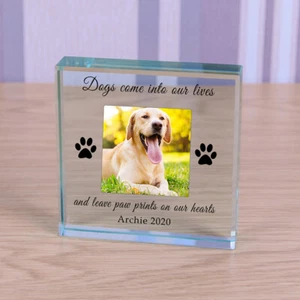 Paw Prints - Personalised Pet Dog Photo Glass Block Ornament Gift 9cm - Picture 1 of 1