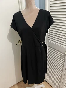Michael Kors V-Neck Faux Wrap Dress LBD Black Cap Sleeve Size XL NWT $110 Gold - Picture 1 of 15