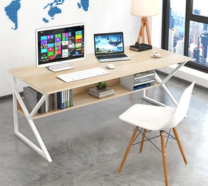 Kori Large Wood & Metal Computer Desk with Shelf (White Oak) - Picture 1 of 7