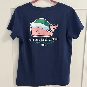 Womens Vineyard Vines Navy Blue Short Sleeved Happy Holidays Whale w/ hat 2016 L - Picture 1 of 4