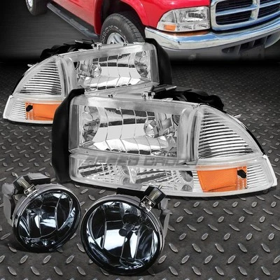 CHROME AMBER 4PC HEADLIGHT+SMOKE BUMPER FOG LIGHT FOR 01-04 DODGE DAKOTA/DURANGO — 第 1/4 张图片