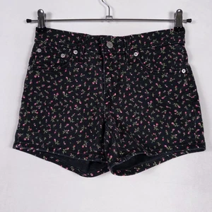 Levi's Shorts Sz 25 Black Pink Floral Mid Length Short Stretch Denim Festival - Picture 1 of 9