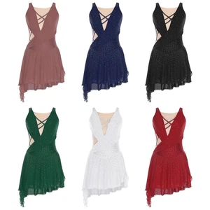 Women Dresses Press Dancewear Sleeveless Dress Asymmetrical Dance Gymnastics - Picture 1 of 73